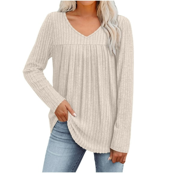 Women Loose Ribbed Knit Sweatshirt Lightweight Long Sleeve Pleated Pullover Sweater Fall Dressy Casual Soft Knitted Blouses Tops