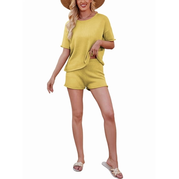 Women Loose Round Neck Casual Short Sleeve Shorts Knitted Suit Summer 2 Piece Soft Lounge Sets and Shorts Set Yellow S