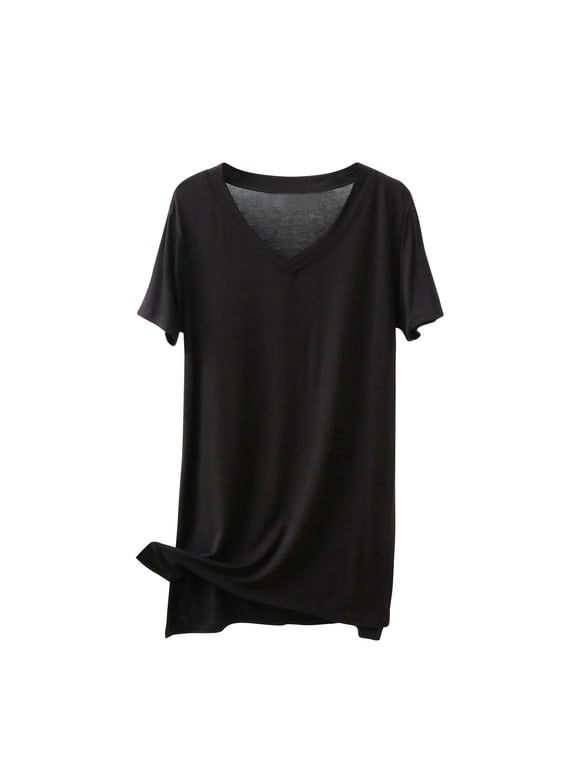 Women Loose Short Sleeve T-Shirt V Neck Casual Side Split Tops Summer Lightweight Pullover Tees,XL,Black