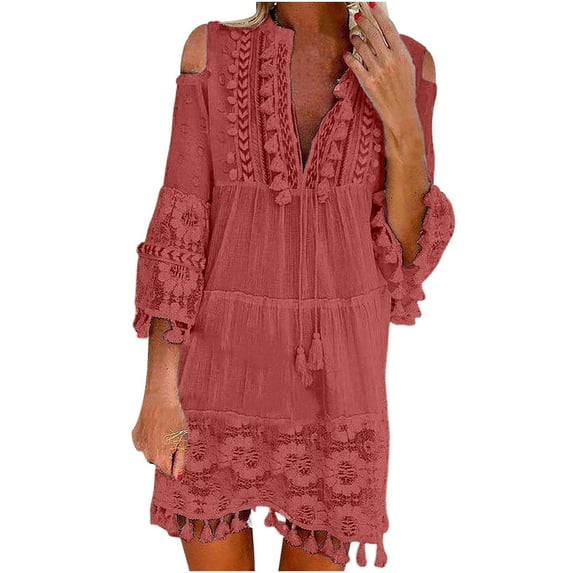 Women Loose Solid Lace Embroidery Patchword Dress V Neck Dress
