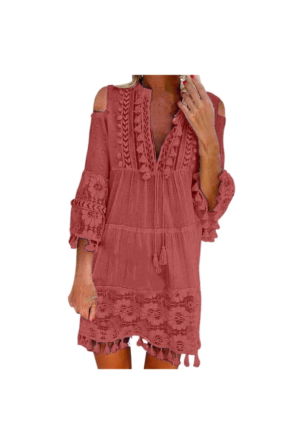 Women Loose Solid Lace Embroidery Patchword Dress V Neck Dress