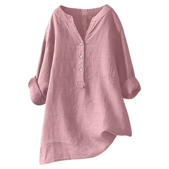 Women Loose Solid Linen Shirt Long Sleeve Button Up Mandarin Collar Top