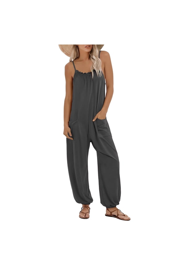 Women Loose Spaghetti Strap Jumpsuit Casual Harem Leg Romper with Pockets