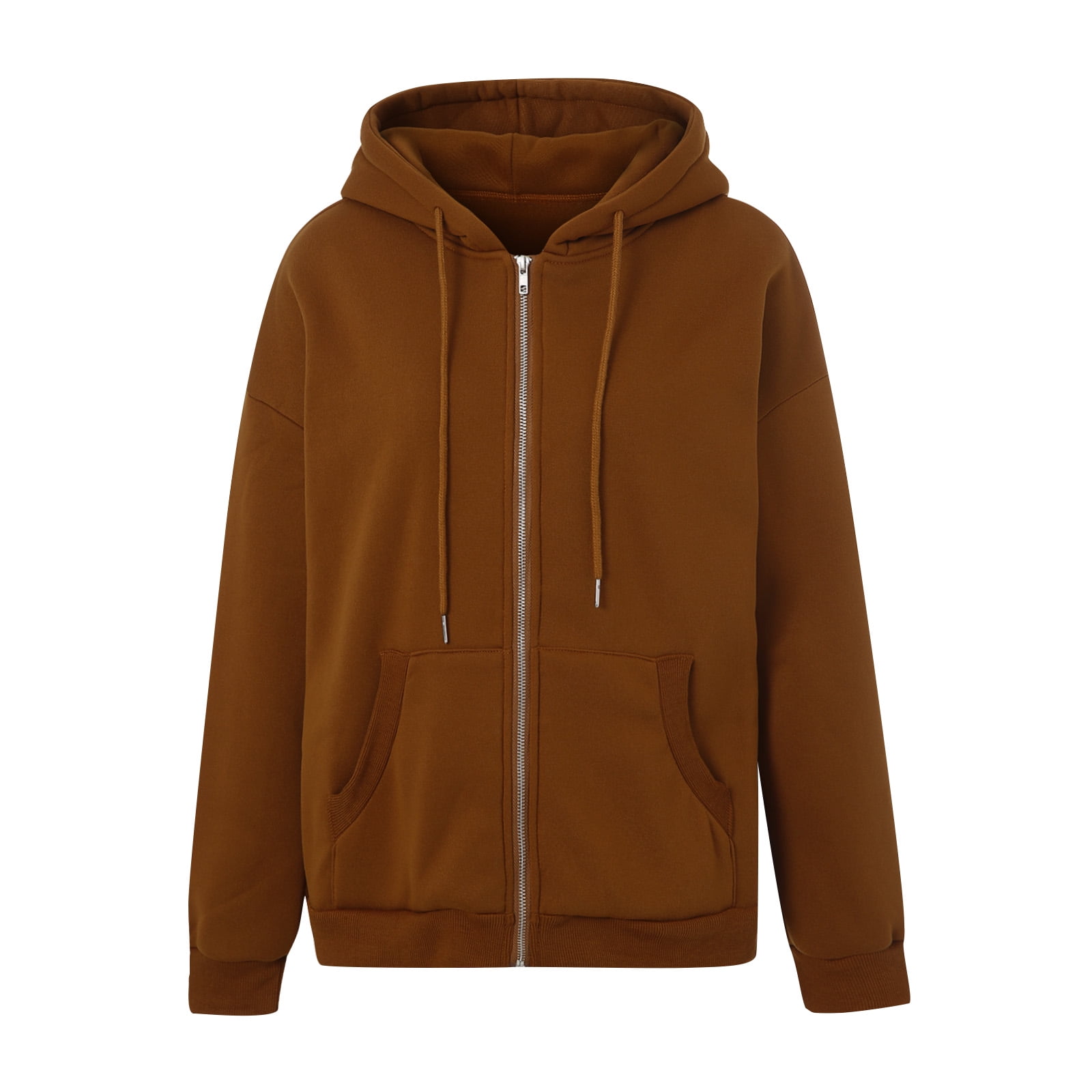 Women Loose Style Coat, Solid Color Zipper Open Front Hooded