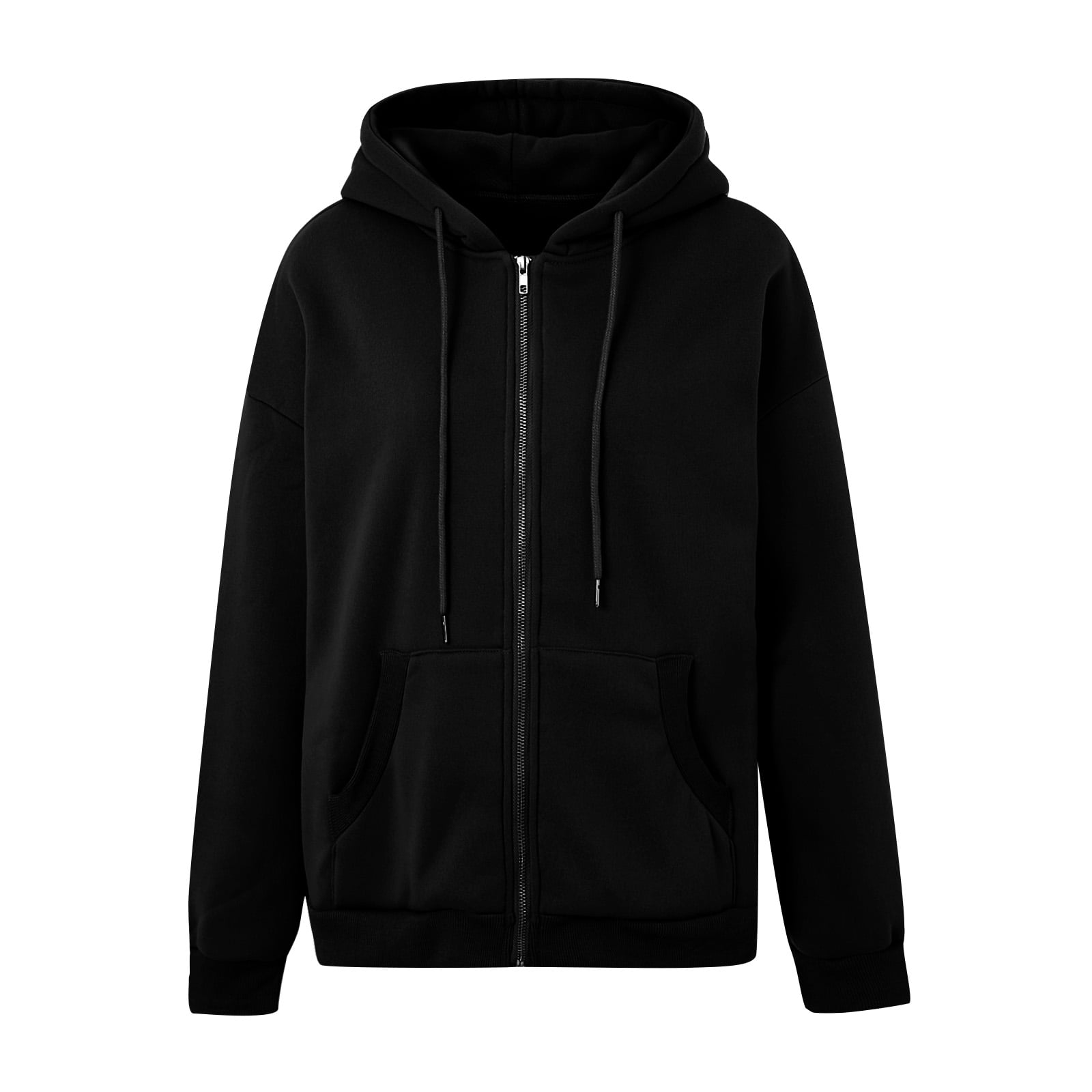 Women Loose Style Coat Solid Color Zipper Open Front Hooded