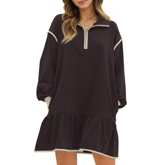 Women Loose Sweater Dress with Quarter length Sleeves Zipper Ruffle Hem