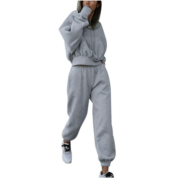 Women Lounge Hoodie Pant Sets Loose Solid Crop Sweatshirt and Cinched Bottom Jogger Sweatpant Long Sleeve Outfits (X-Large, Gray)