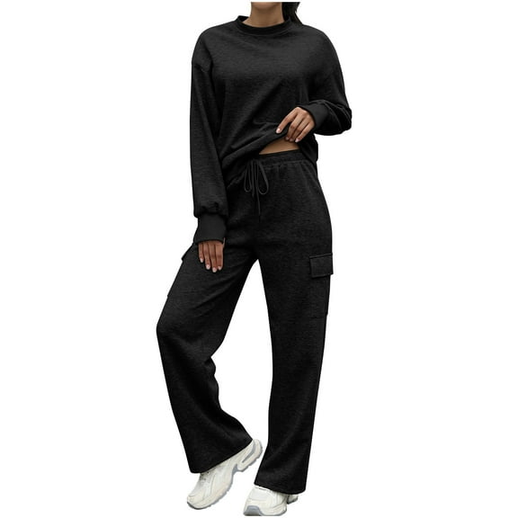 Women Lounge Set 2 Piece Loungewear Matching Sweatsuit Fall Casual Crewneck Tracksuit Workout Sweatpants Wide Leg Pants Comfy Athletic Outfit Soft Stretchy Cozy Homewear Set 2025 Trendy