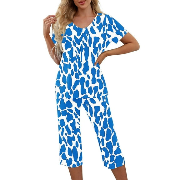 Women Lounge Set Women 2 Piece Capri Sets Short Sleeve V Neck Tops and Capris Pants Floral Print Lounge Set