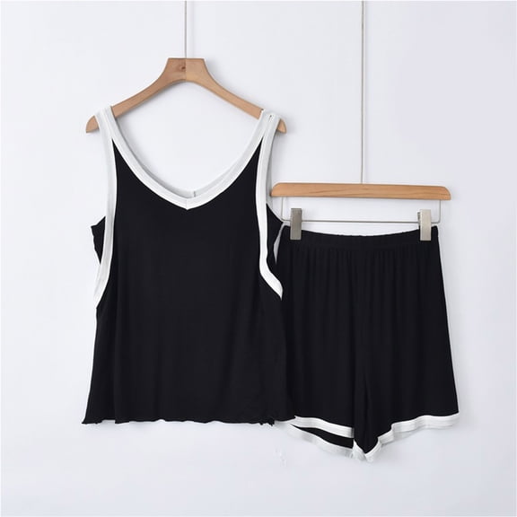 uublik Women Lounge Set Sleeveless V-neck Tank Tops Versatile Home Shorts 2-Piece Set Black, XL