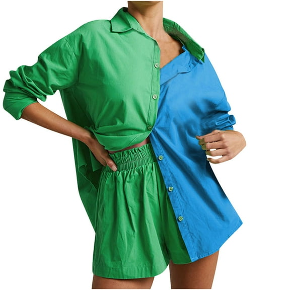 Women Lounge Sets 2 Piece Patchwork Cotton Long Sleeve Lapel Buttn Down Shirts High Waist Shorts Sets Outfits
