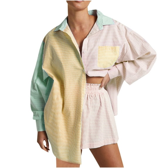 Women Lounge Sets 2 Piece Patchwork Cotton Long Sleeve Lapel Buttn Down Shirts High Waist Shorts Sets Outfits