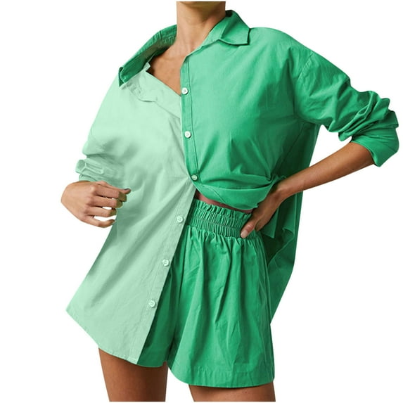 Women Lounge Sets 2 Piece Patchwork Cotton Long Sleeve Lapel Buttn Down Shirts High Waist Shorts Sets Outfits
