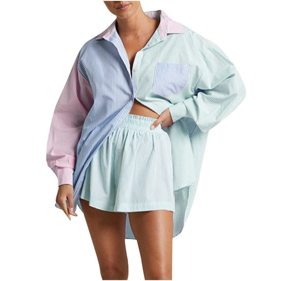 Women Lounge Sets 2 Piece Patchwork Cotton Long Sleeve Lapel Buttn Down Shirts High Waist Shorts Sets Outfits