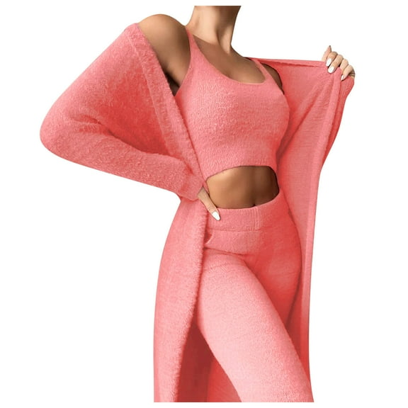 Women Lounge Suits 3 Piece Knitted Fleece Pajamas Set Fluffy Cardigan Coat Cropped Tops and Pants Set Pjs 2024 Winter Homewear
