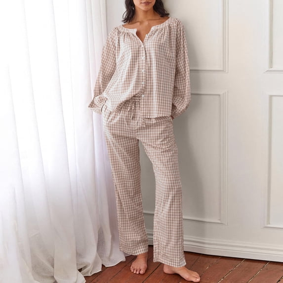 Women Loungewear 2 Piece Set V Neck Button Down Puff Sleeve Tops Elastic Waist Pants Ruffled Hem Plaid Comfy Pajamas (M, Khaki-A)