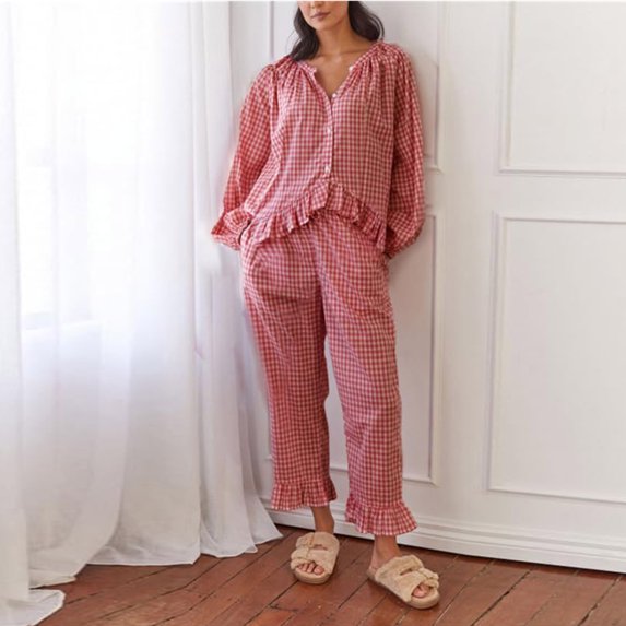 Women Loungewear 2 Piece Set V Neck Button Down Puff Sleeve Tops Elastic Waist Pants Ruffled Hem Plaid Comfy Pajamas (XL, Red)