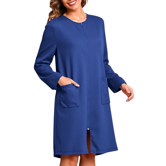 Women Loungewear House Coat Long Sleeve Zipper Robes Soft Short Bathrobes with Pockets Blue XL