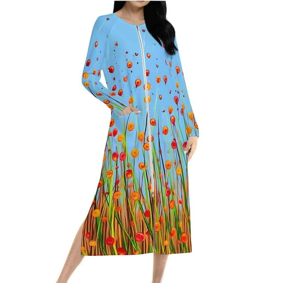 Women Loungewear Raglan Nightdress Full Zip Pajama Dress Print Sleepwear Brushed Blouses Clothing Full-Length Night Gowns Long Sleeve Pajamas 2025 Fall PJs Casual Trendy Cardigan