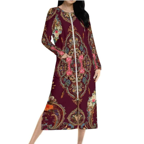 Women Loungewear Raglan Nightdress Full Zip Pajama Dress Print Sleepwear Brushed Blouses Clothing Full-Length Night Gowns Long Sleeve Pajamas 2025 Fall PJs Casual Trendy Cardigan