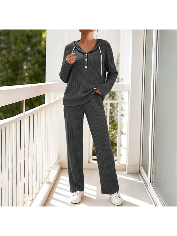 Women Loungewear Ribbed Outfit Button V-Neck Hooded Knit Top Wide Leg Pants Set Drawstring Loose Fitting Soft Cozy Everyday Wear Black XXL