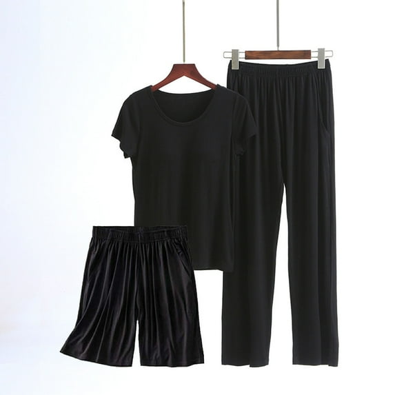 uublik Women Loungewear Set Casual Lounge Sets Short Sleeve Shirts Tops and Long Pants Shorts 3 Piece Outfits Black, XXXXL
