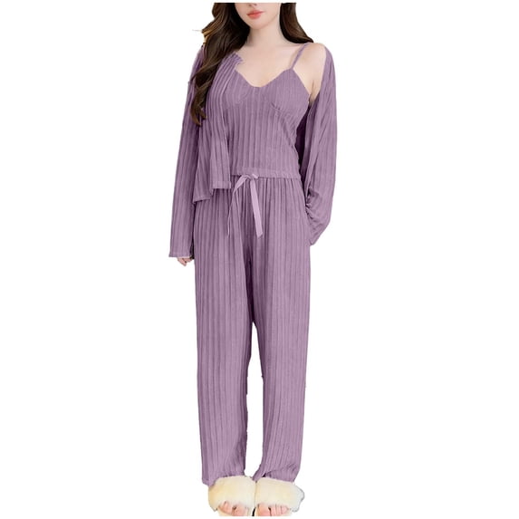 Women Loungewear Sets 3 Piece Open Front Cardigans Spaghetti Strap Camisole And Long Pants Knitted Ribbed Pajamas Sets (XL, Purple)