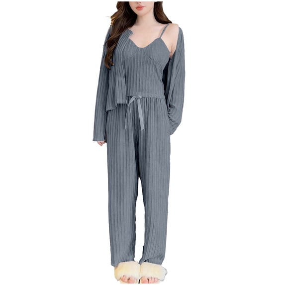 Women Loungewear Sets 3 Piece Open Front Cardigans Spaghetti Strap Camisole And Long Pants Knitted Ribbed Pajamas Sets (XXL, Gray)