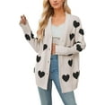 thumbnail image 1 of Women Love Heart Graphic Oversized Sweaters Valentine Cute Cardigan V-neck Open Front Button  Mid Length Jacket, 1 of 5