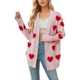 thumbnail image 1 of Women Love Heart Graphic Oversized Sweaters Valentine Cute Cardigan V-neck Open Front Button  Mid Length Jacket, 1 of 8