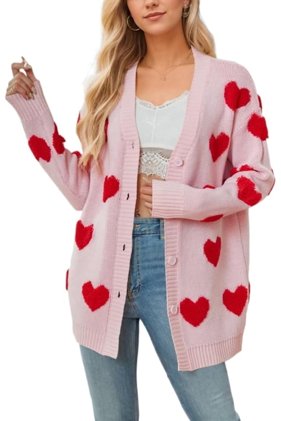Women Love Heart Graphic Oversized Sweaters Valentine Cute Cardigan V-neck Open Front Button Mid Length Jacket