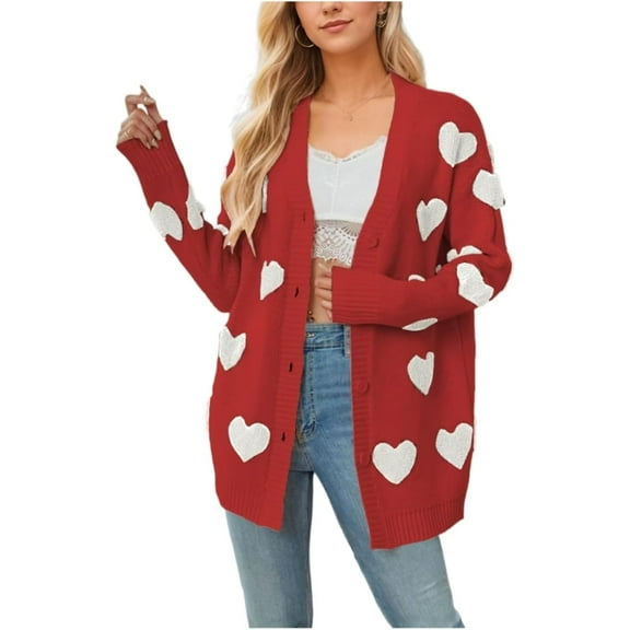 Women Love Heart Graphic Oversized Sweaters Valentine Cute Cardigan V-neck Open Front Button  Mid Length Jacket