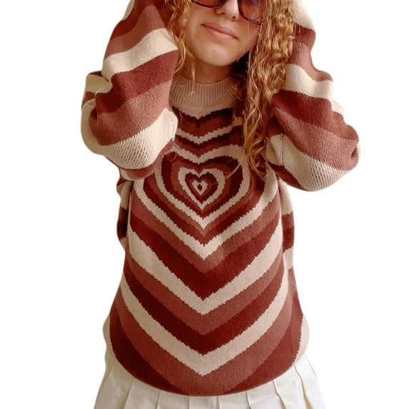 Women Love Heart Print Sweater, Long Sleeve O-neck Knitted Pullover for Winter, Autumn