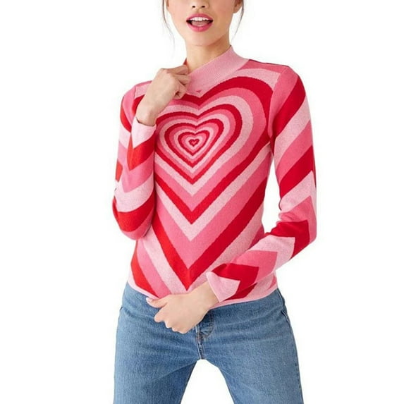 Women Love Heart Print Sweater, Long Sleeve O-neck Knitted Pullover for Winter, Autumn