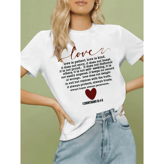 Women Love Is Patient 1 Corinthians 13:4-8 Graphic Tee T Shirt Cotton Round-neck Printed White S-5XL