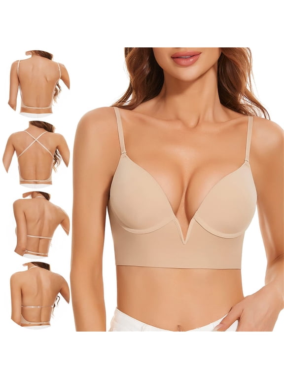 Women Low Back Deep U Plunge Underwire Bra Seamless Multiway Convertible Everyday Bra for Backless Dresses