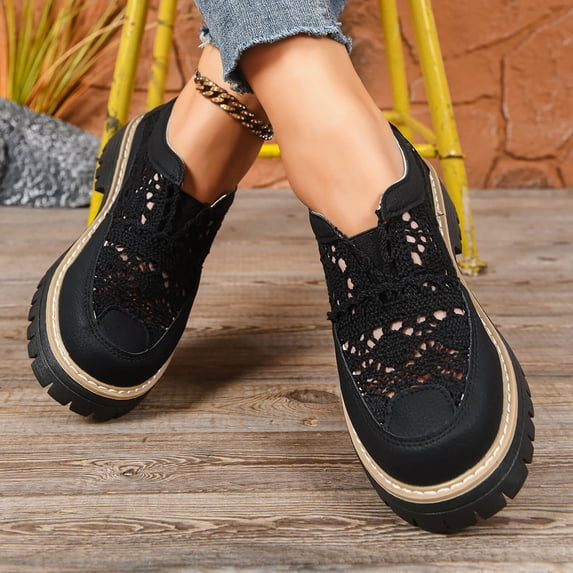 Women Low Heel Shoes, Comfortable Casual Woven Breathable Flats with Thick Sole and Round Toe for Daily Wear and Weekend Outings