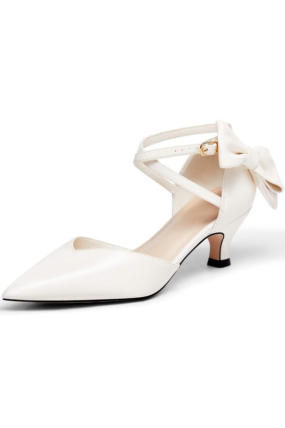 Women Low Kitten Heel Bow Heels Dress Shoes Closed Pointed Toe Ankle Strap Elegant Wedding Party Pumps