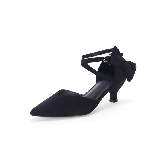 Women Low Kitten Heel Bow Heels Dress Shoes Closed Pointed Toe Ankle Strap Elegant Wedding Party Pumps