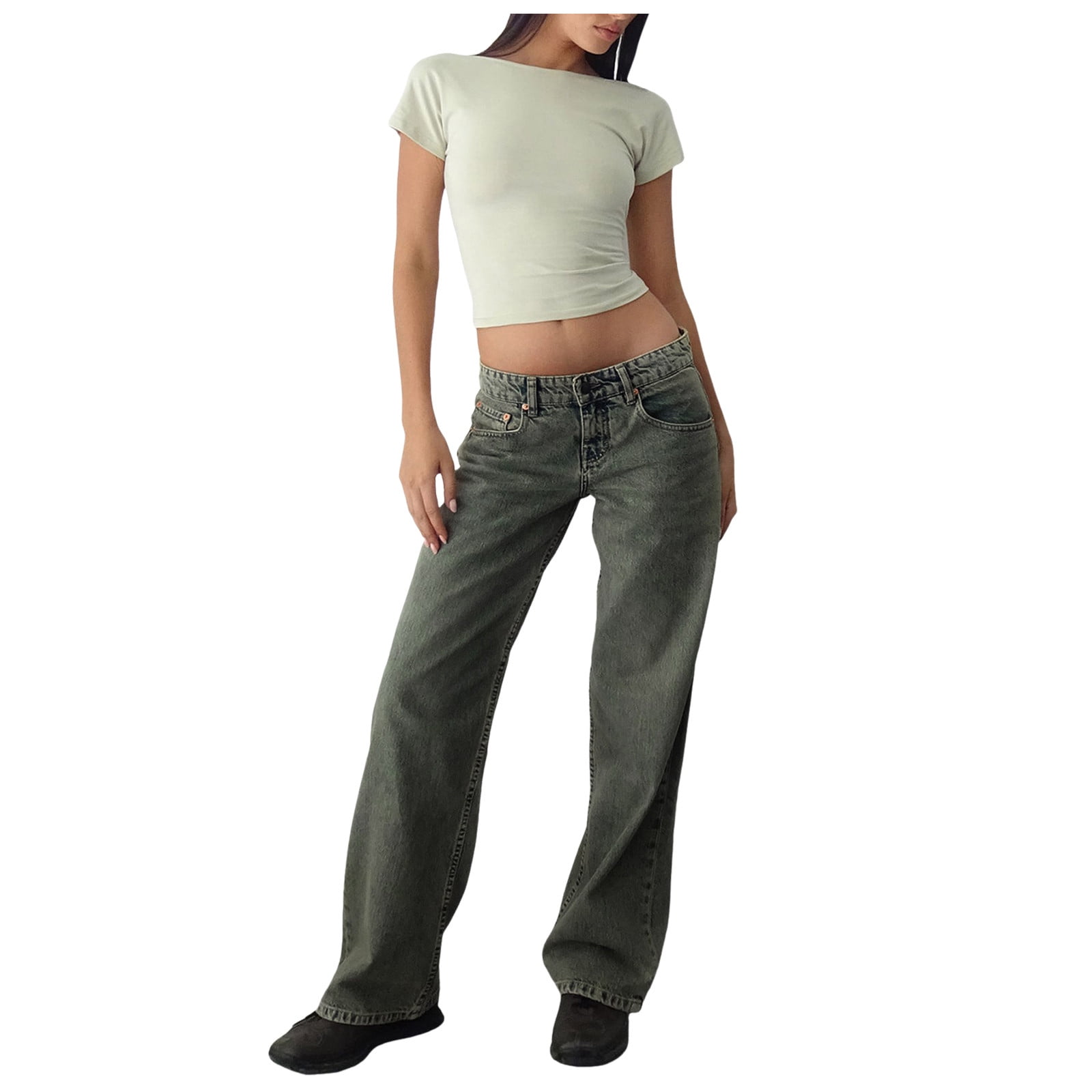 Women Low Rise Baggy Jeans Y2k Straight Wide Leg Boyfriend Viange Denim ...