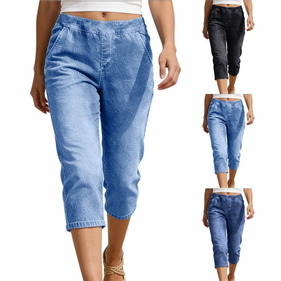 Women Low Rise Denim Capri Pants Straight Leg Lightweight Stretchy Jeans Casual Summer Bottoms with Pockets