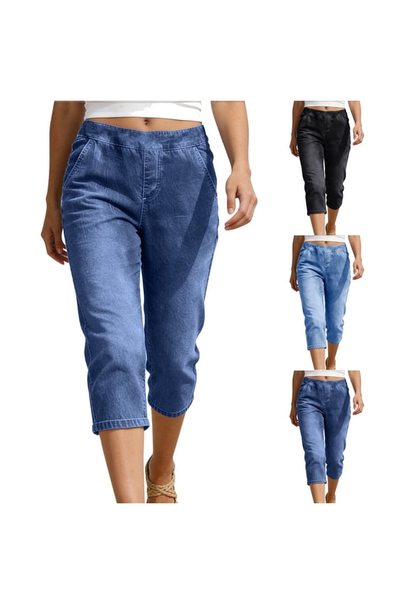 Women Low Rise Denim Capri Pants Straight Leg Lightweight Stretchy Jeans Casual Summer Bottoms with Pockets