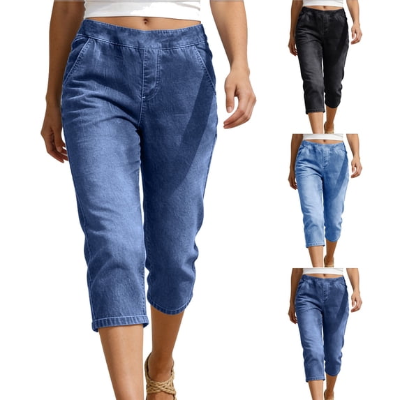 Women Low Rise Denim Capri Pants Straight Leg Lightweight Stretchy Jeans Casual Summer Bottoms with Pockets
