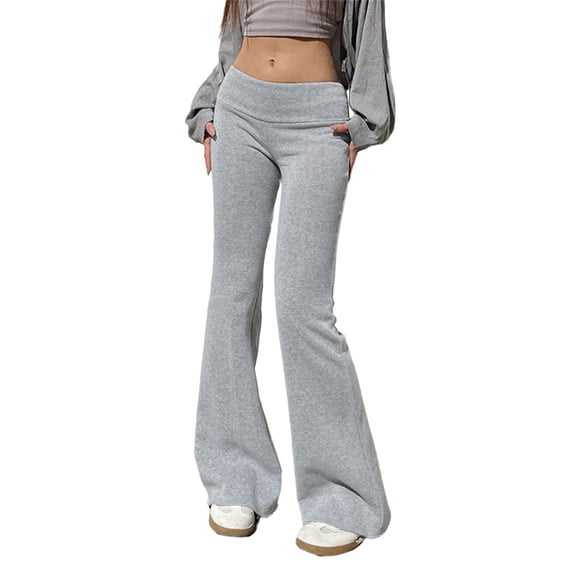 Women Low Rise Fold Over Waistband Solid Flared Pants Winter Thermal Warm Fleece Lined Bodycon Sweatpants Yoga Leggings
