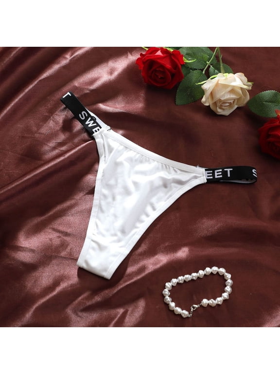 Women Low Rise Letter Print Satin Thong, Soft Silky Smooth Breathable Snug Fit Seamless Comfort Stylish Underwear For Everyday Wear White S