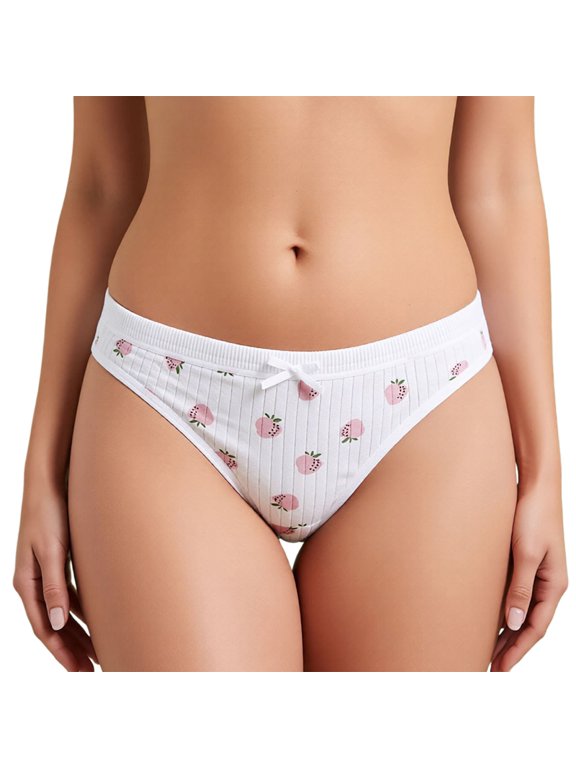 Women Low Rise Vertical Rib Print Tiny Bowknot Thong Panties White S