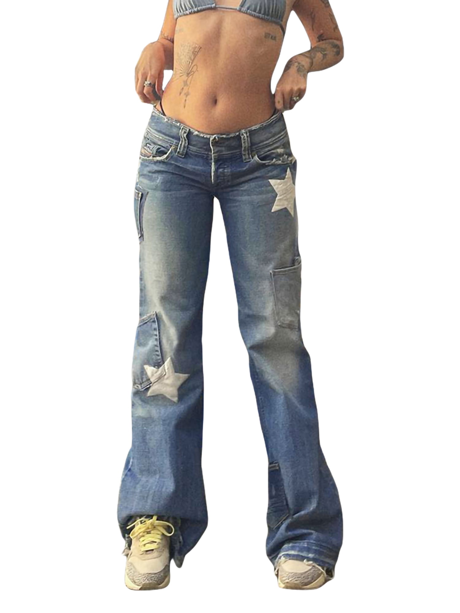 Women Low Waist Cargo Baggy Jeans Y2k Indie Aesthetic Pants Vintage Wide  Leg Punk Trousers Printed Hippie Streetwear 