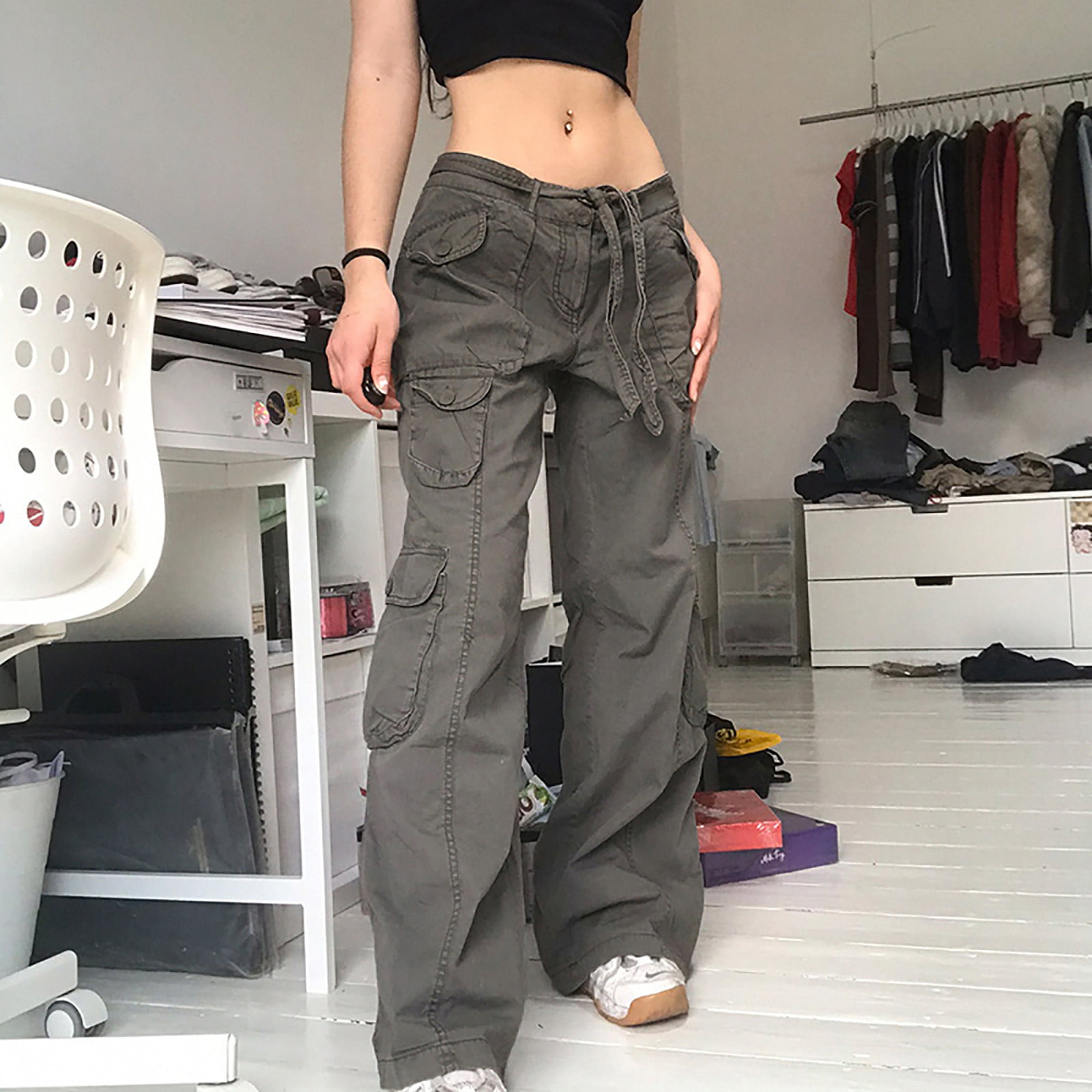 Women Low Waisted Cargo Pants Trendy Drawstring Wide Leg Jogger Trousers  Hippie Punk Loose Fit Streetwear with Pockets