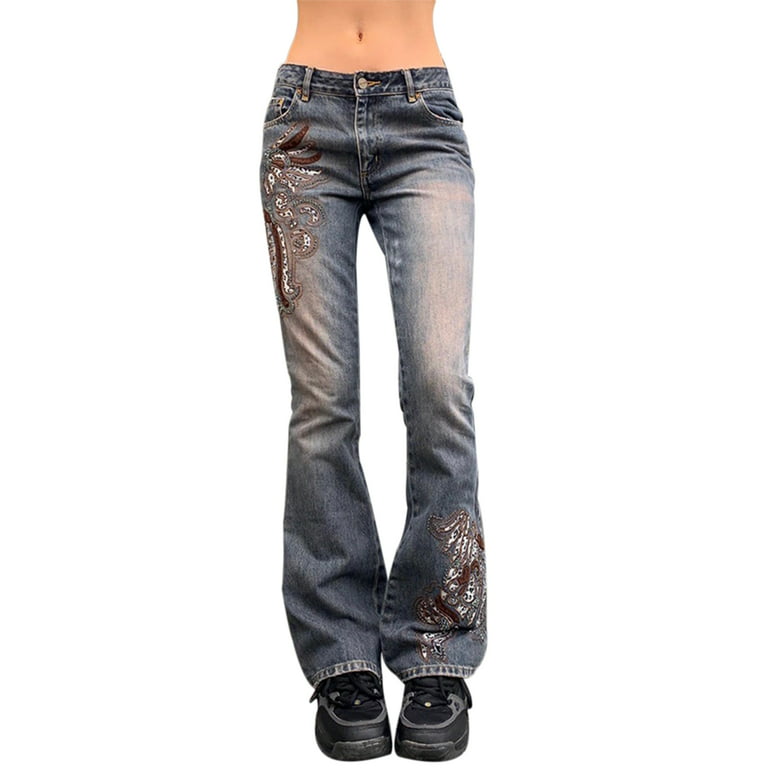 Women Low Waisted Flare Pants Graphic Wide Leg Denim Jeans