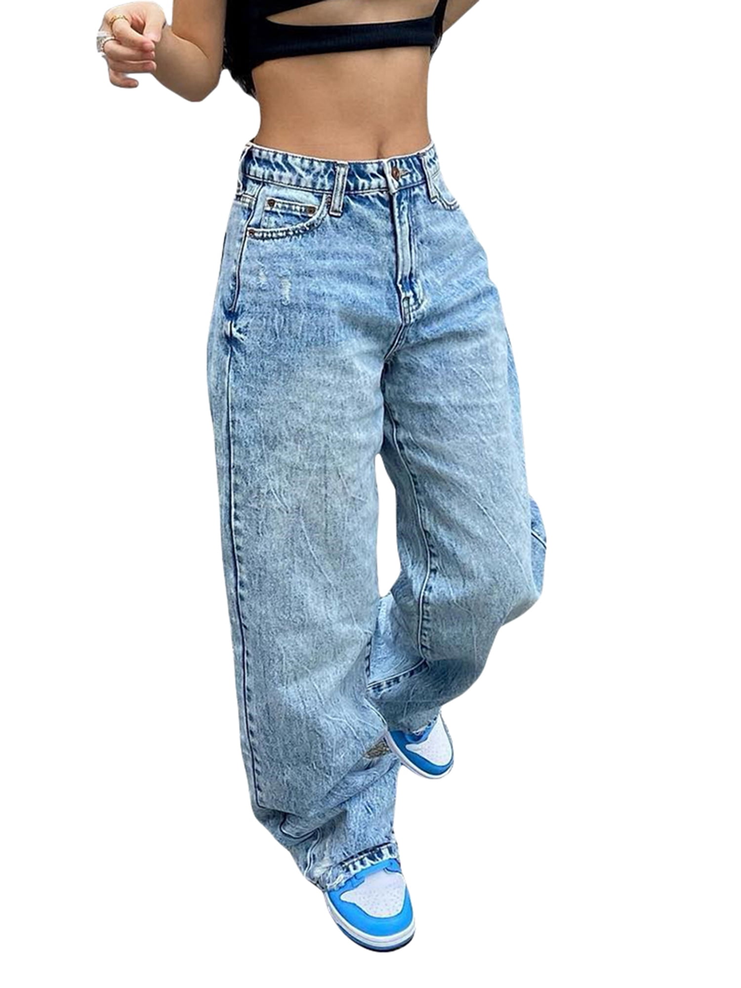 Women Low Waisted Pants Wide Leg Denim Jeans Straight Casual Loose ...